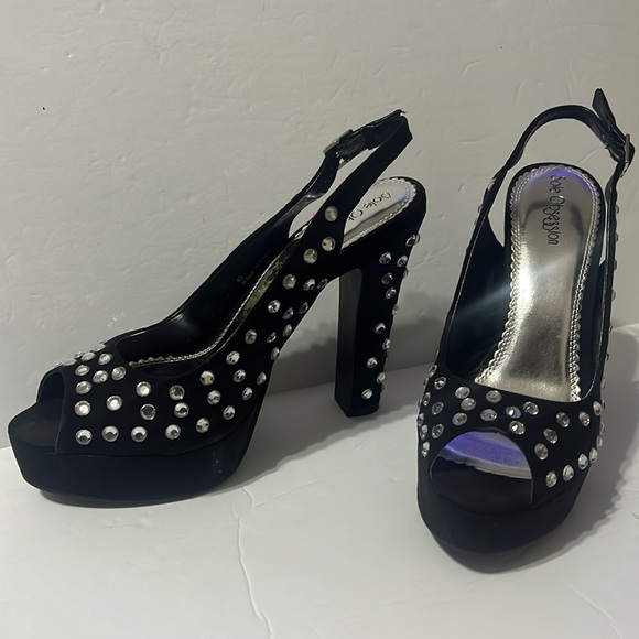 Sole Obsession Black Rhinestone Hassan Peep Toe Slingback Pumps 8.5 - Picture 6 of 13
